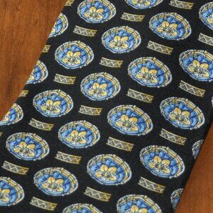 Vintage Christian Dior Monsieur 100% Silk Neck Tie Black Blue Gold/Yellow